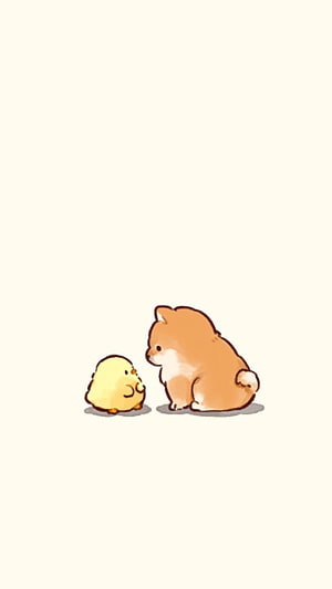 Cute Kawaii Chibi Illustration of a Fluffy Puppy and Small Yellow Chick on a Cream Background HD phone wallpaper