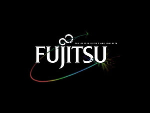 Fujitsu Corporate Logo with Infinite Symbol and Colorful Light Trails on Black Background HD wallpaper