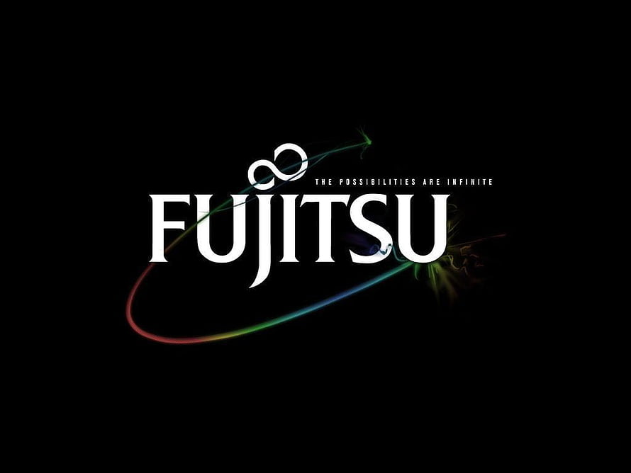 Fujitsu Corporate Logo with Infinite Symbol and Colorful Light Trails on Black Background HD wallpaper
