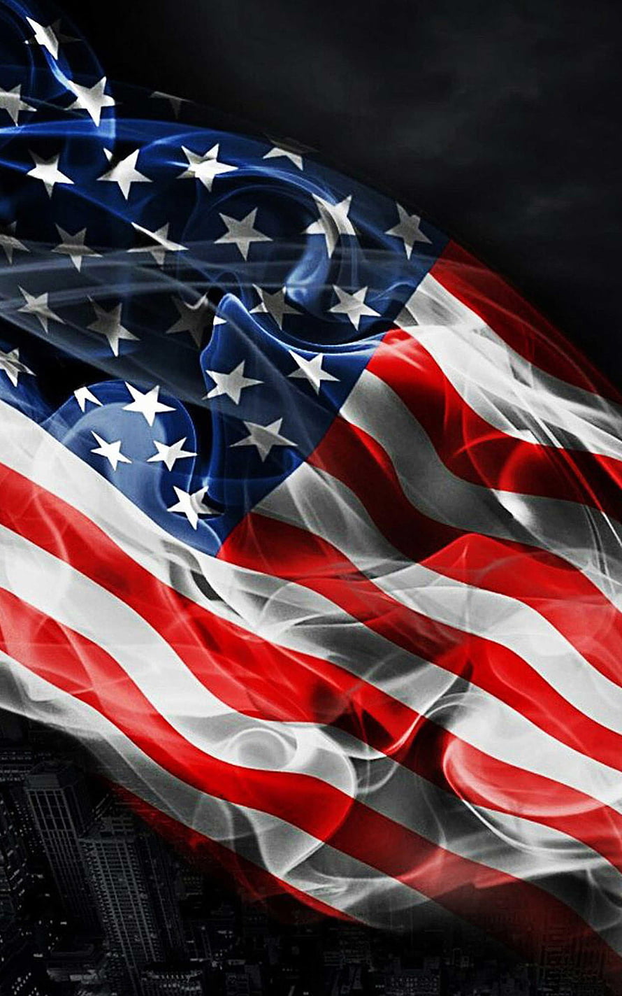 Dark American Flag with Smoke Effect Over City Skyline at Night HD phone wallpaper