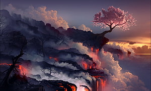 Sakura Tree Perched on Volcanic Cliffs with Lava Waterfalls and Misty Sunset HD wallpaper