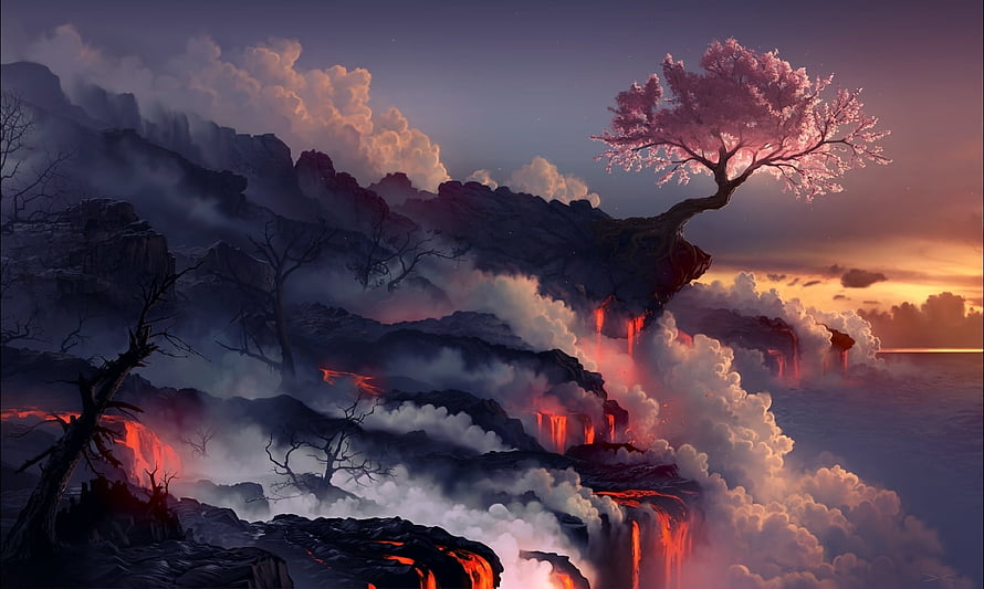 Sakura Tree Perched on Volcanic Cliffs with Lava Waterfalls and Misty Sunset HD wallpaper