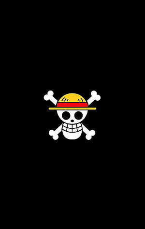 One Piece Monkey D. Luffy Jolly Roger Skull and Crossbones Logo on Black Background HD phone wallpaper