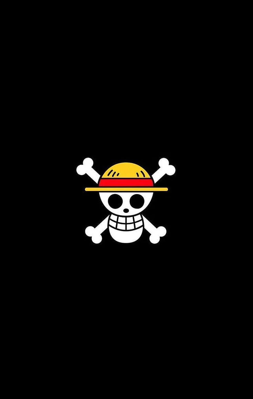 One Piece Monkey D. Luffy Jolly Roger Skull and Crossbones Logo on Black Background HD phone wallpaper
