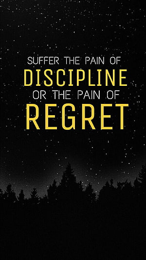 Motivational Quote on Discipline and Regret Against a Starry Night Sky HD phone wallpaper