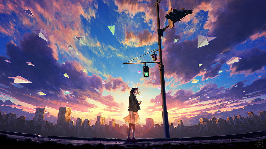Anime Girl Standing Under Traffic Light with Floating Paper Planes at Sunset HD wallpaper