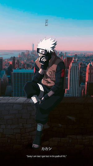 Kakashi Hatake from Naruto Sitting on a Rooftop Overlooking a City at Sunset HD phone wallpaper