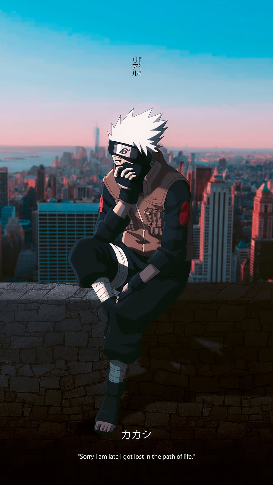 Kakashi Hatake from Naruto Sitting on a Rooftop Overlooking a City at Sunset HD phone wallpaper