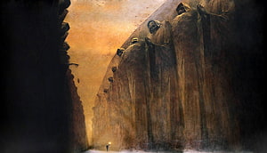 Zdzisław Beksiński Surreal Dark Fantasy Landscape with Towering Cloaked Figures HD wallpaper
