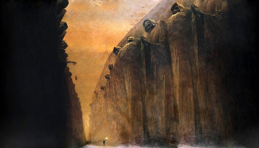 Zdzisław Beksiński Surreal Dark Fantasy Landscape with Towering Cloaked Figures HD wallpaper