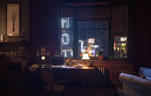 Mafia 1 Vintage Study Interior With Rainy Night City View Through Window HD wallpaper