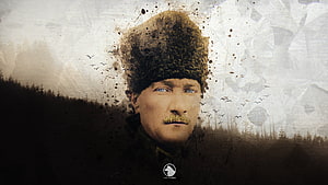 Mustafa Kemal Atatürk Portrait with Fur Hat and Sepia Forest Background HD wallpaper