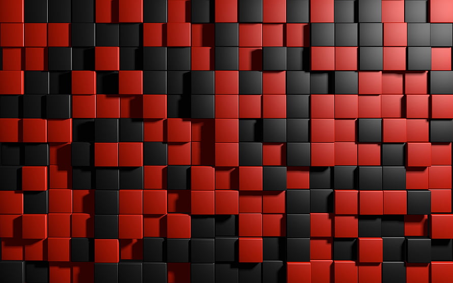 Red and Black 3D Cube Grid Texture with Geometric Depth and Shadow Play HD wallpaper