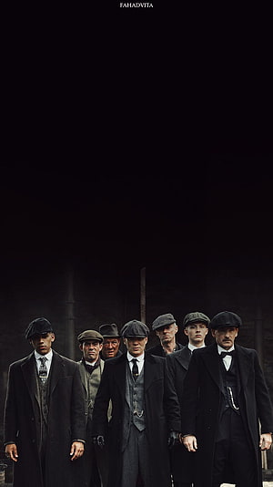 Peaky Blinders Cast in Dark Industrial Setting with Flat Caps and Suits HD phone wallpaper