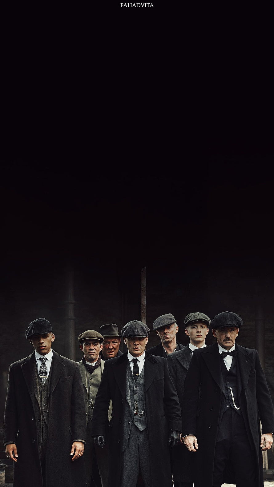Peaky Blinders Cast in Dark Industrial Setting with Flat Caps and Suits HD phone wallpaper