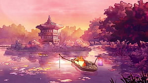 Corgi Dog Paddling a Boat on a Lotus Pond at Sunset Near a Traditional Pagoda HD wallpaper