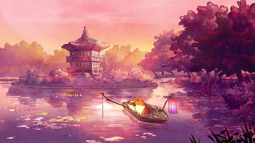 Corgi Dog Paddling a Boat on a Lotus Pond at Sunset Near a Traditional Pagoda HD wallpaper