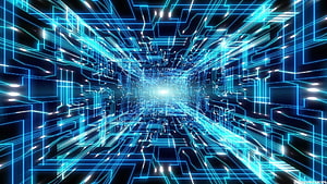 Futuristic Digital Circuit Tunnel with Glowing Blue Technology Lines and Bright Central Light HD wallpaper