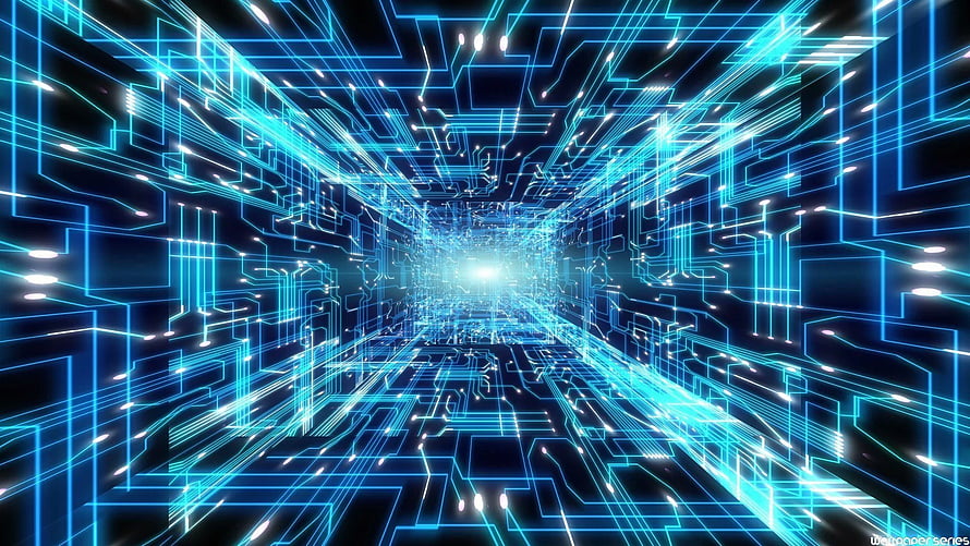 Futuristic Digital Circuit Tunnel with Glowing Blue Technology Lines and Bright Central Light HD wallpaper