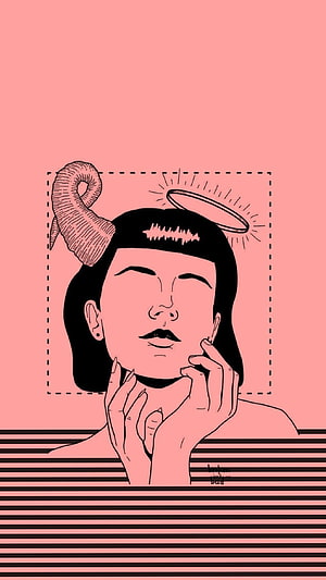 Pink and Black Illustration of a Woman with a Ram Horn and Halo, Devil Aesthetic Girl, Pink Devil HD phone wallpaper