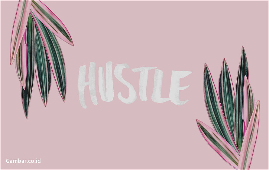 Hustle Typography with Tropical Leaves on Soft Pink Background HD wallpaper