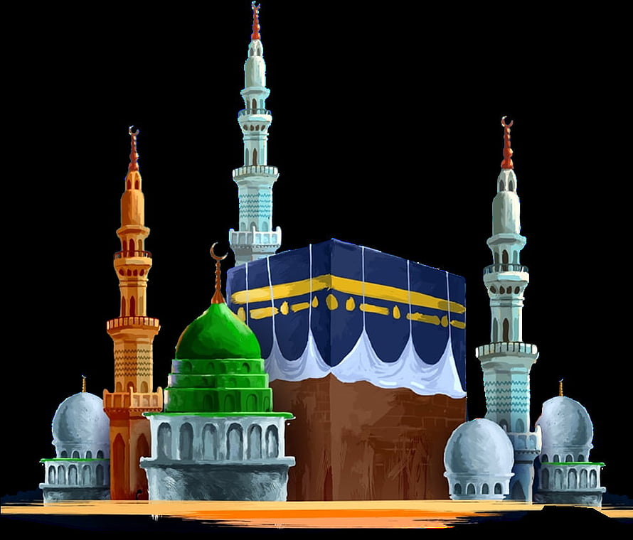 Illustration of the Kaaba in Mecca with surrounding minarets and domes on a black background HD wallpaper