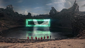 Sci-Fi Holographic Portal Over Alien Lake with Figures in Red Suits HD wallpaper