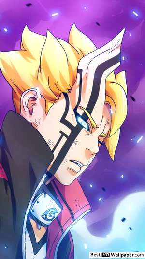 Boruto Uzumaki Anime Character with Purple Chakra Aura and Determined Expression HD phone wallpaper