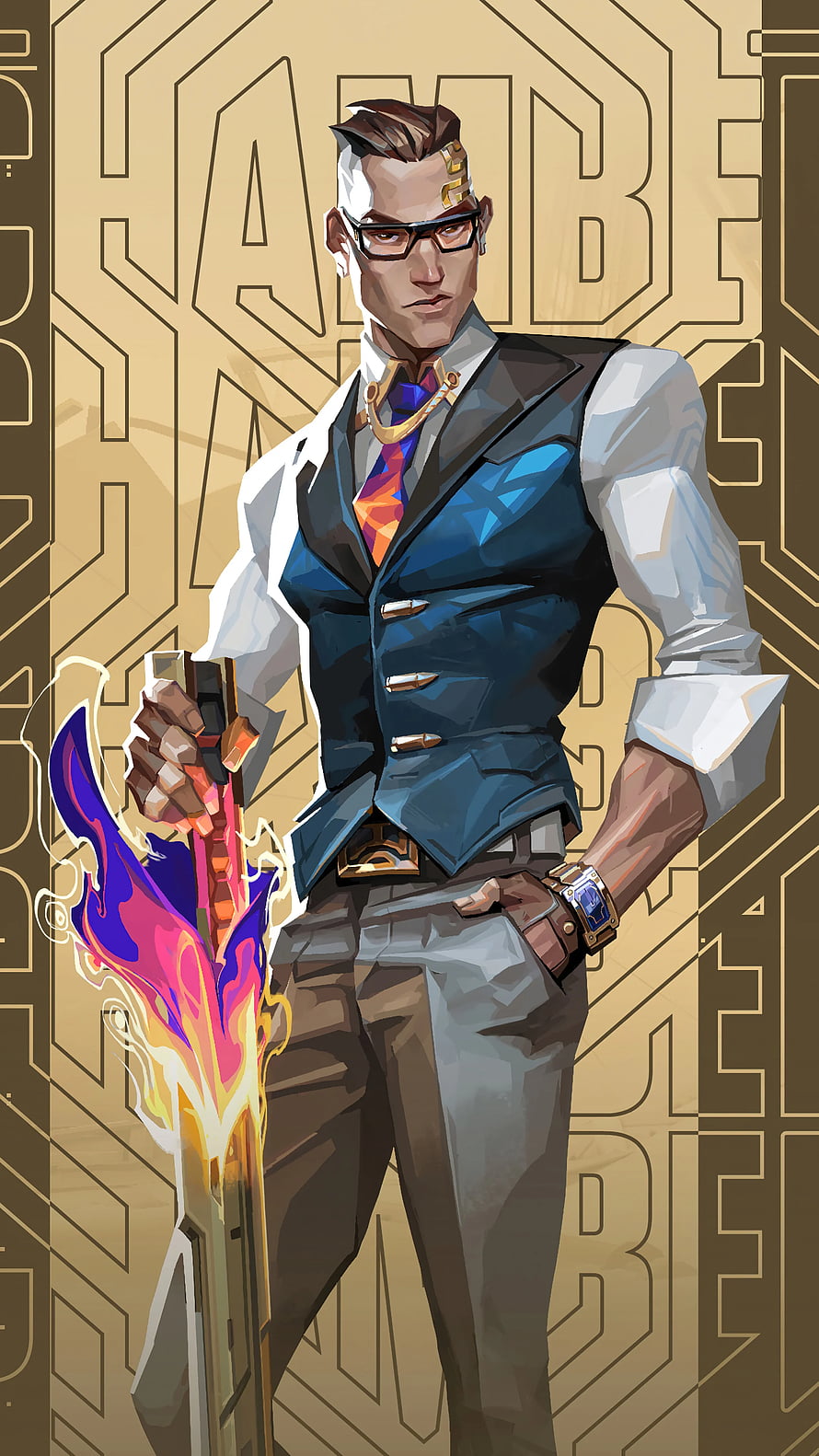 Valorant Chamber Character Art in Stylish Suit with Glowing Blade HD phone wallpaper