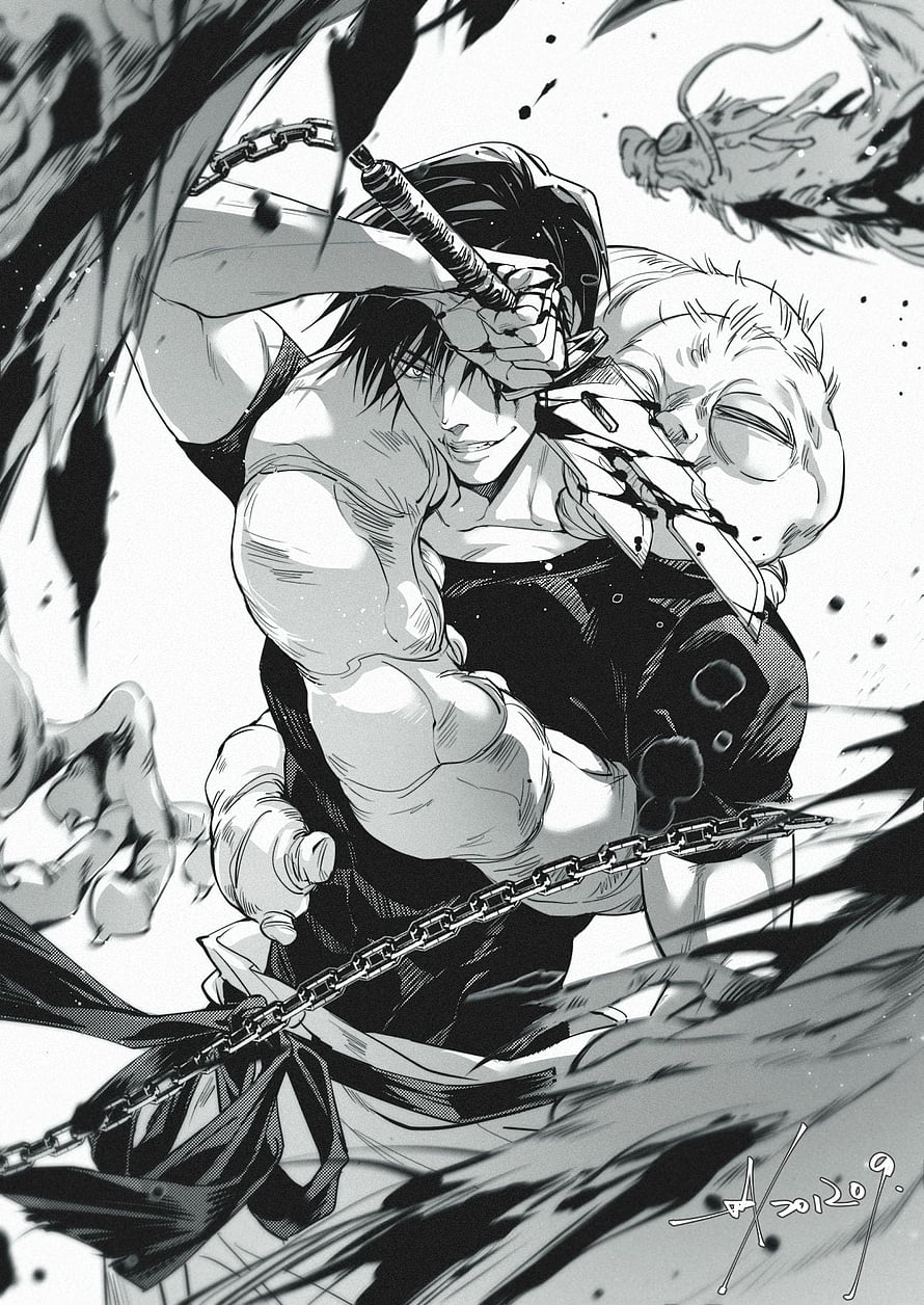 Toji Fushiguro Wielding Chains in Dynamic Black and White Manga Action Scene HD phone wallpaper