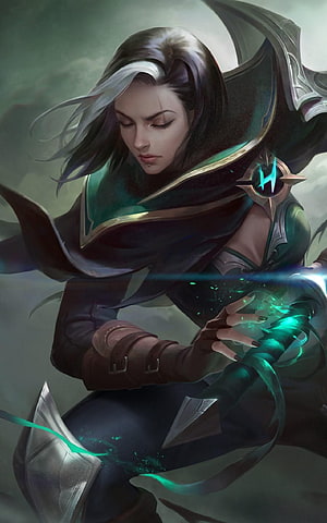 Benedetta from Mobile Legends channeling emerald magic in a dark hooded cloak HD phone wallpaper