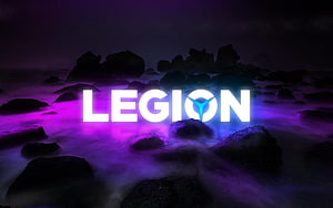 Lenovo Legion Glowing Logo on Misty Rocky Landscape with Purple Neon Lighting HD wallpaper