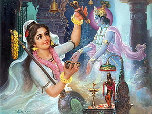 Radha Krishna Devotional Painting with Temple Bells and Oil Lamp HD wallpaper