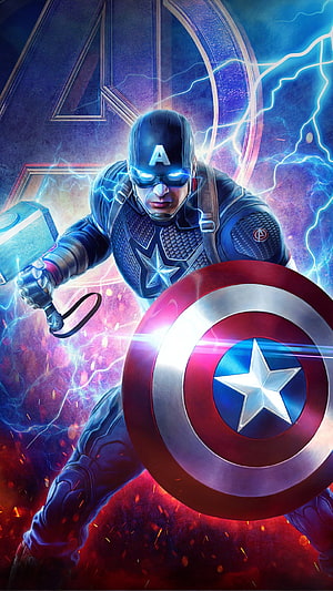 Captain America Wielding Mjolnir and Shield in Epic Avengers Battle Scene HD phone wallpaper