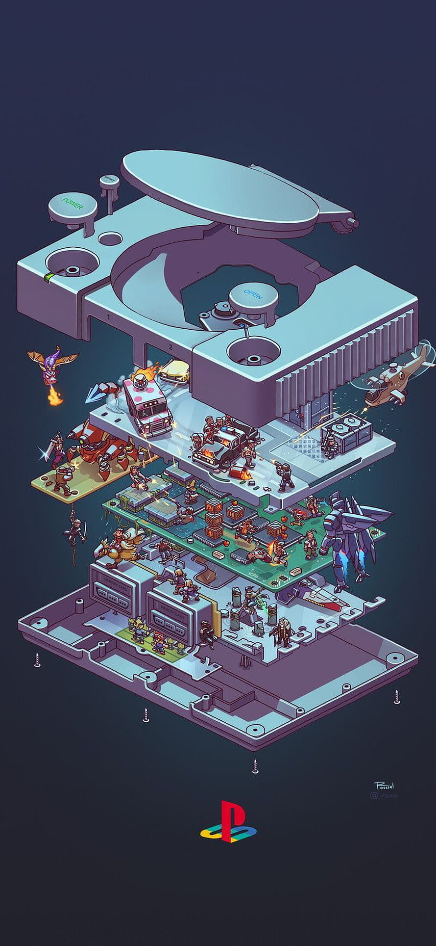Isometric PlayStation Console Exploded View with Miniature Gaming Characters and Battle Scenes HD phone wallpaper