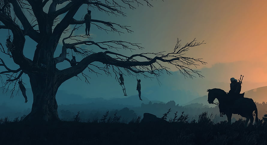 The Witcher 3 Wild Hunt Dark Fantasy Scene with Silhouetted Rider and Hanging Figures HD wallpaper