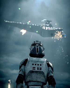 Star Wars Clone Trooper Watching Starship Battle in Stormy Sky HD phone wallpaper