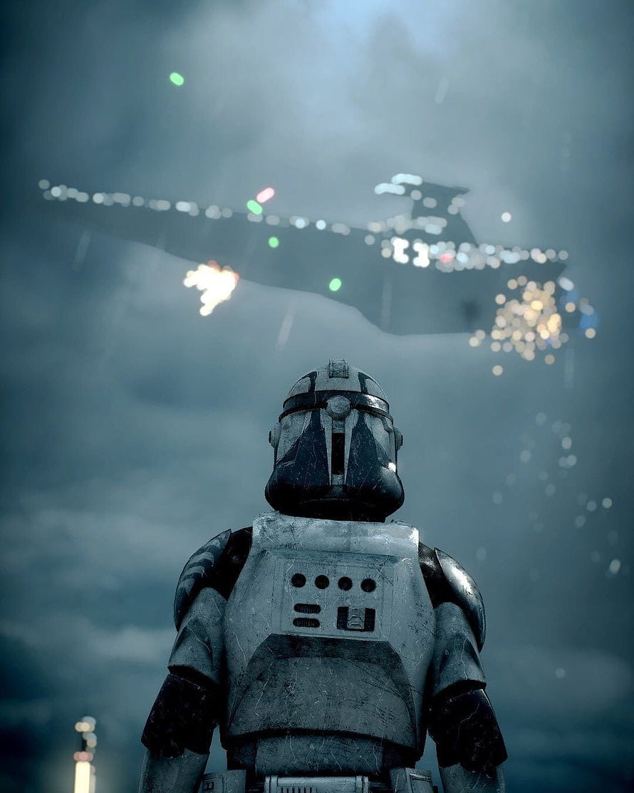 Star Wars Clone Trooper Watching Starship Battle in Stormy Sky HD phone wallpaper
