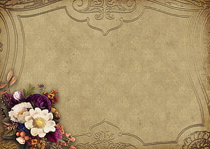 Vintage Floral Frame with Antique Damask Pattern and Romantic Bouquet HD wallpaper