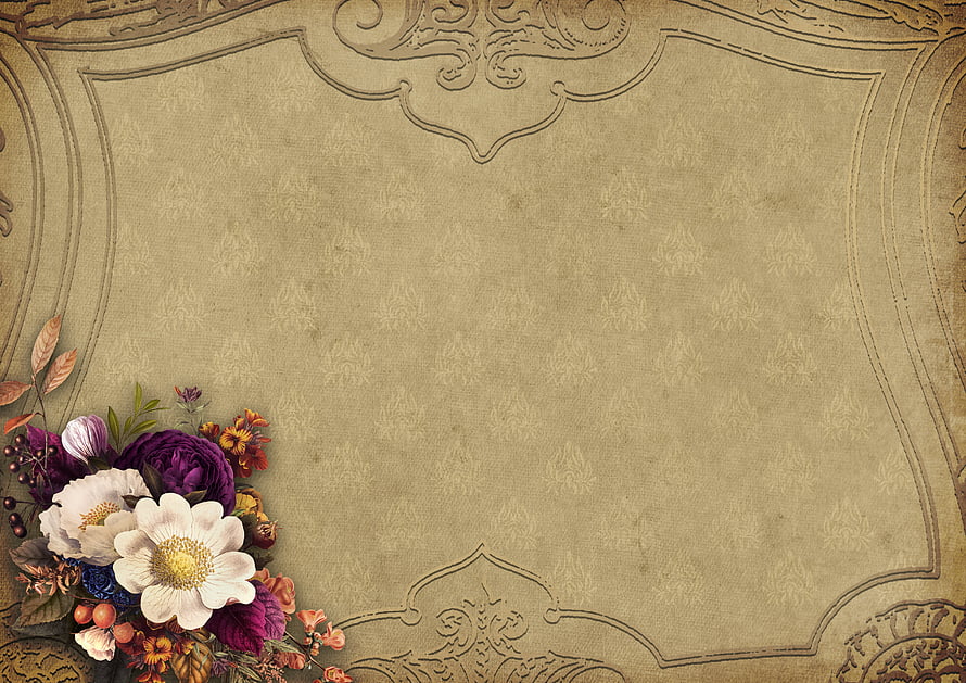 Vintage Floral Frame with Antique Damask Pattern and Romantic Bouquet HD wallpaper