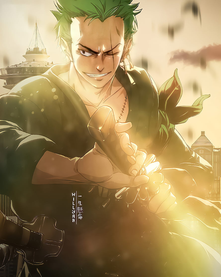 Roronoa Zoro Determined Anime Portrait with Glowing Hands and Ship Background HD phone wallpaper
