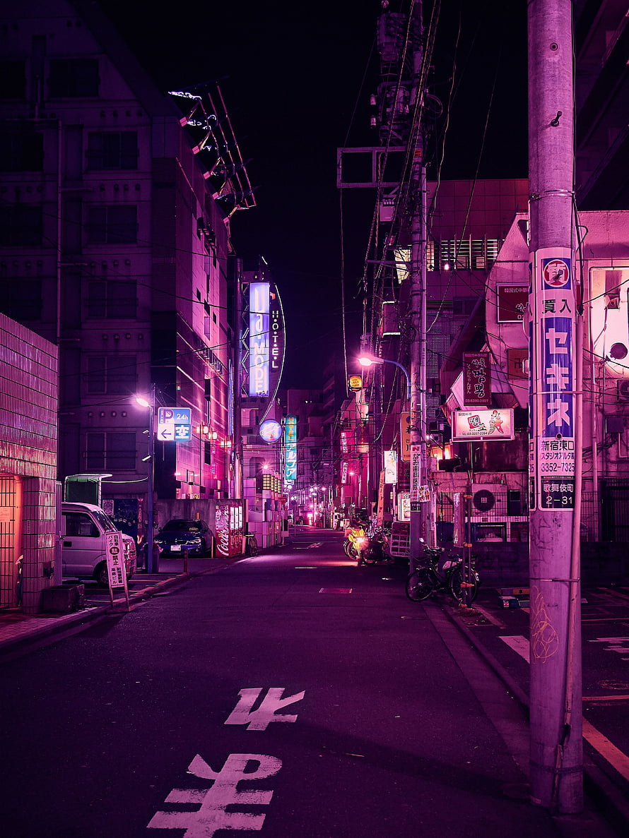Neon-Lit Tokyo Alleyway at Night with Purple and Pink Illumination HD phone wallpaper
