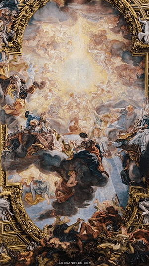 Baroque Ceiling Fresco with Divine Light and Clouds HD phone wallpaper