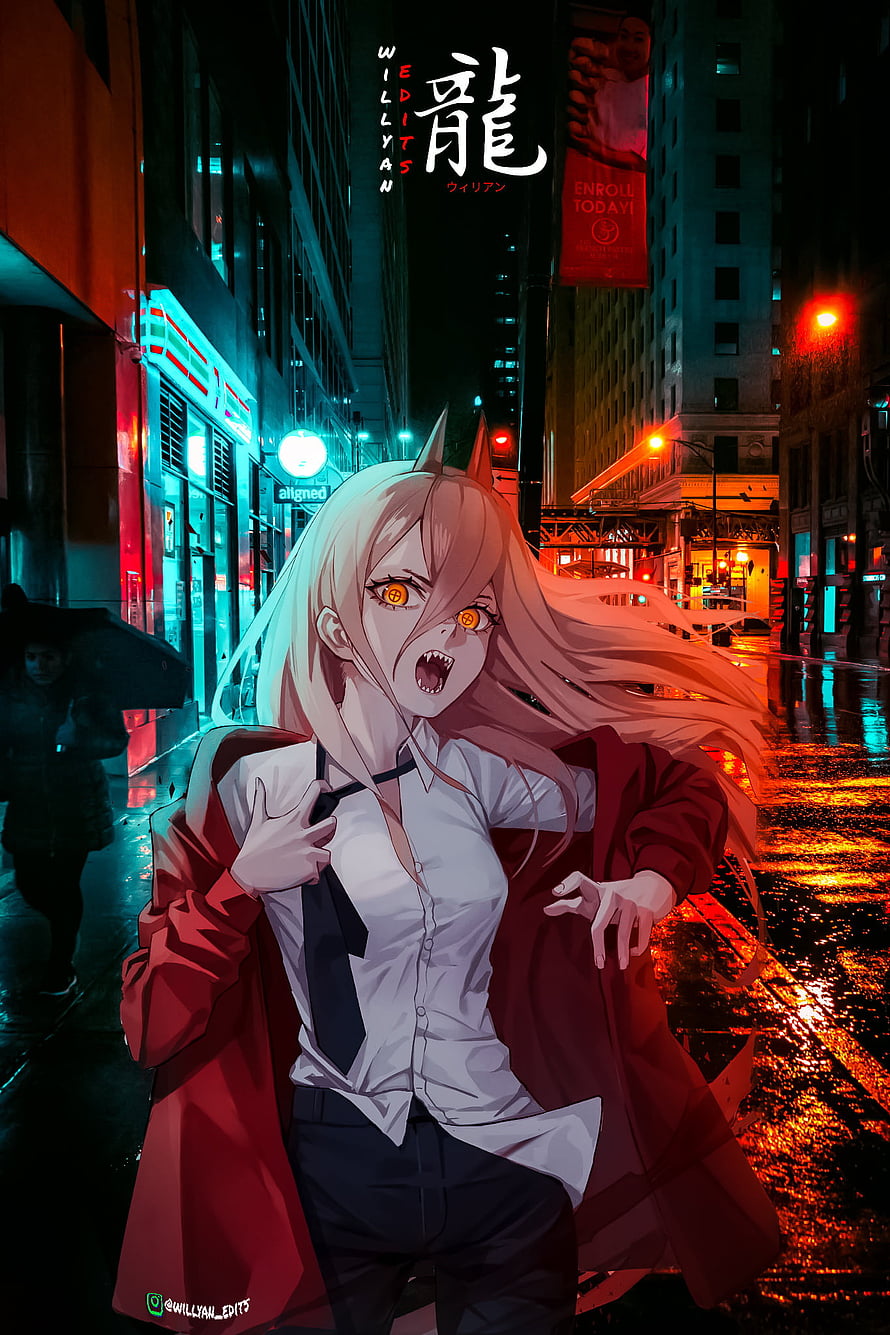 Chainsaw Man Power Anime Character in Neon-Lit Rainy City Street, Power, chainsaw man, magenta, pink, anime, makima HD phone wallpaper