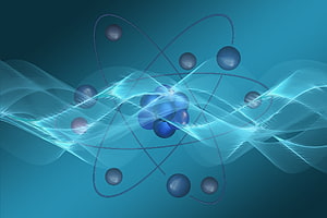 Stylized Atomic Structure with Glowing Electron Orbits and Flowing Energy Waves HD wallpaper