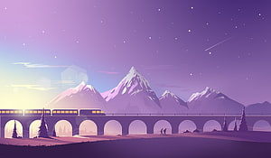 Minimalist Digital Art of a Train Crossing a Mountain Bridge Under a Starry Night Sky HD wallpaper