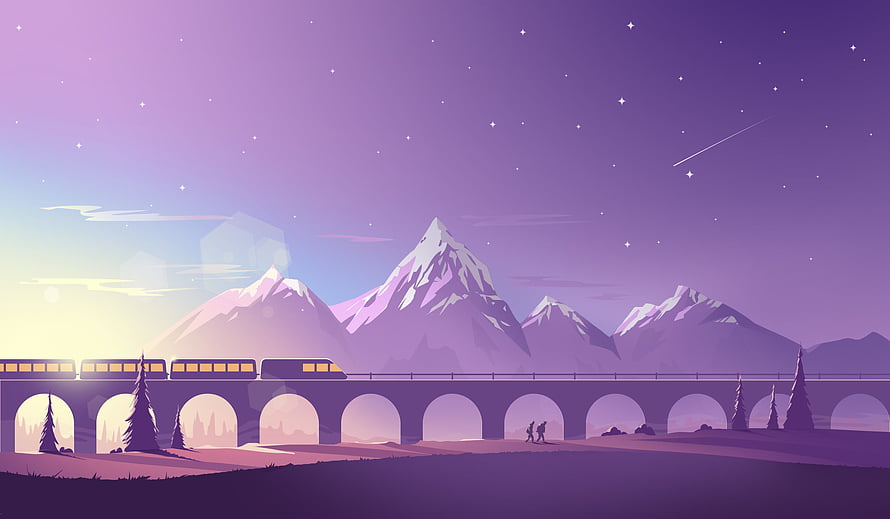 Minimalist Digital Art of a Train Crossing a Mountain Bridge Under a Starry Night Sky HD wallpaper
