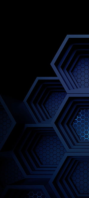 Dark Blue 3D Hexagonal Honeycomb Pattern with Neon Glow on Black Background HD phone wallpaper