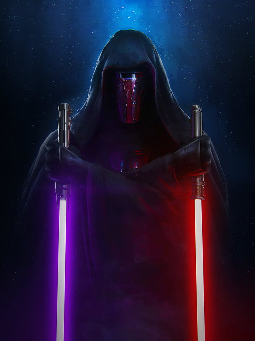 Darth Revan in Dark Robes Holding Dual Lightsabers Against a Cosmic Starfield HD phone wallpaper