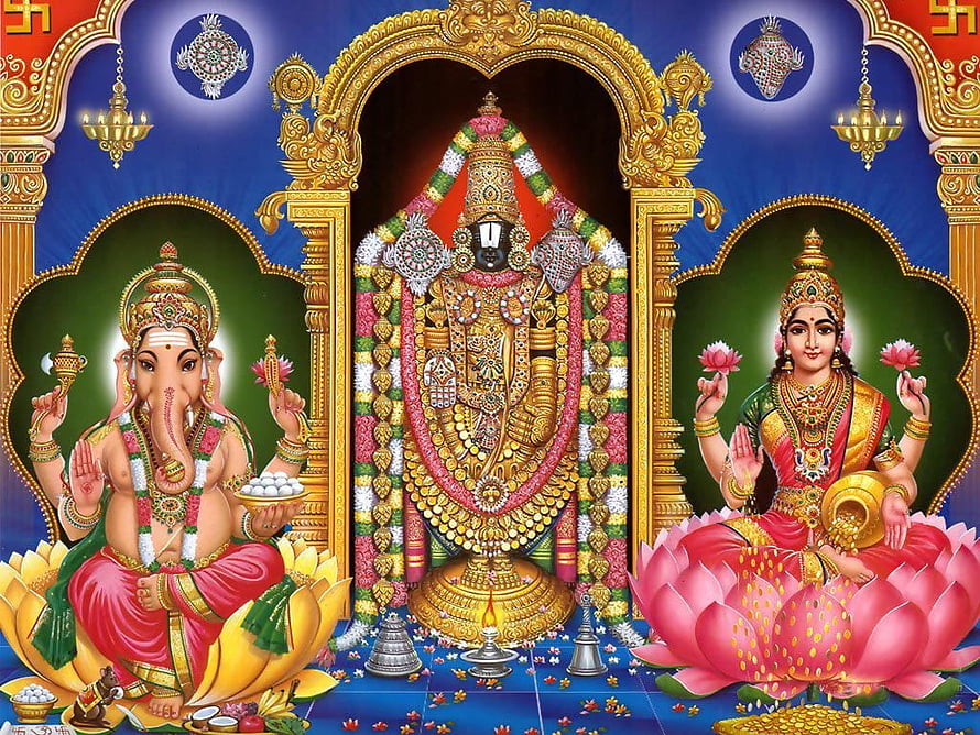 Ganesha Balaji Lakshmi Hindu Deity Temple Artwork with Golden Ornaments and Lotus Flowers HD wallpaper